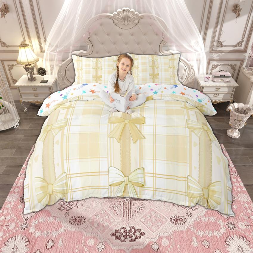 Homewish Set Copripiumino con Fiocco per Bambine Set Biancheria da Letto con Fiocco e Nastro da Principessa Set Copripiumino a Quadri con Fiocco