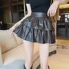 2024 Autumn/Winter Women's High Waist PU Leather A-Line Skirt - Slim, Fluffy, Anti-Exposure, Hot Girl Cake Design