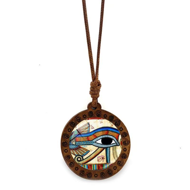 Eye of Horus Time Gem Pattern Wooden Base Pendant Retro Necklace Jewelry Small Gift