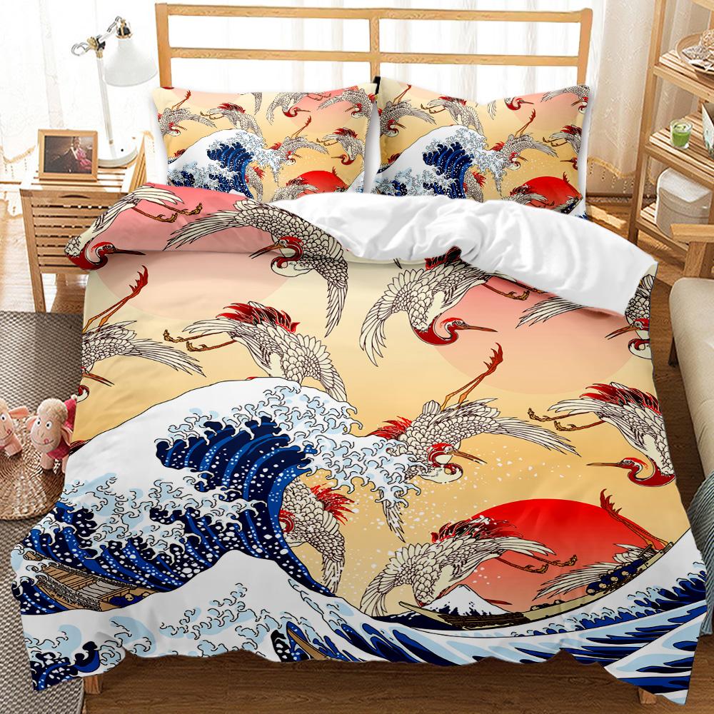 Japanese Style Comforter Cover Set Cherry Blossoms Crane 2/3pcs Polyester Bedding Set Sea Waves Duvet Cover Set Twin Queen Size