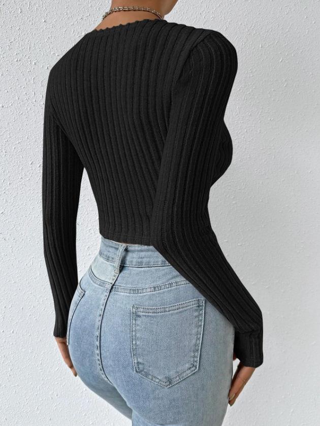 2023 Evropský a americký styl hluboký výstřih do V zeštíhlující sexy tričko s dlouhým rukávem pro ženy