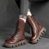 Fashion Winter Leather Women Boots Round Toe Mid-heel Ankle Boots for Women Lace Up Warm Snow Boots Retro Lady Platform Bikerboots Women