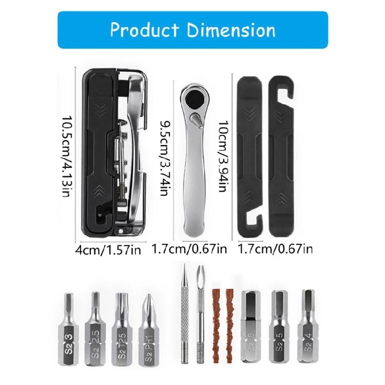 Durability 14 In 1 Cycling Tool Containing Steel Patches Strips Double Direction Ratchets and Compacts Carry Pouches