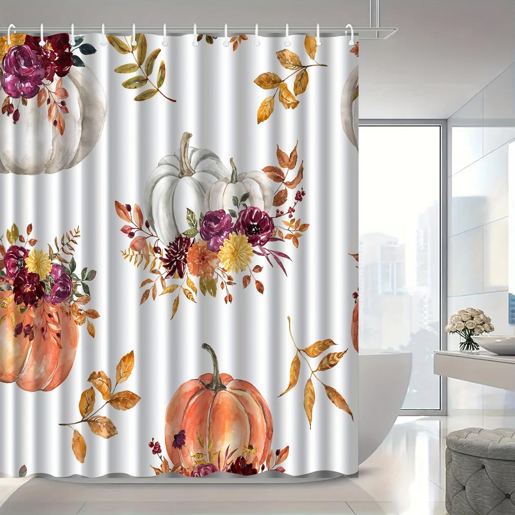Elegant Pumpkin Floral Shower Curtain, Anti-Fog, Vibrant Orange Pumpkins & Autumn Leaves Design,  Hooks Included