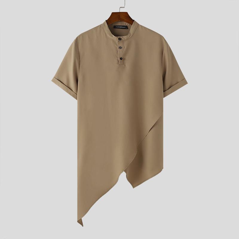INCERUN Men Stand Neck Short Sleeve Irregular Tops Casual Splits T-shirts