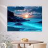 Stunning Blue Ocean and Moon Tapestry - Vibrant Polyester Wall Hanging with Starry Sky, Rocky Shoreline, and Glowing Shoreline