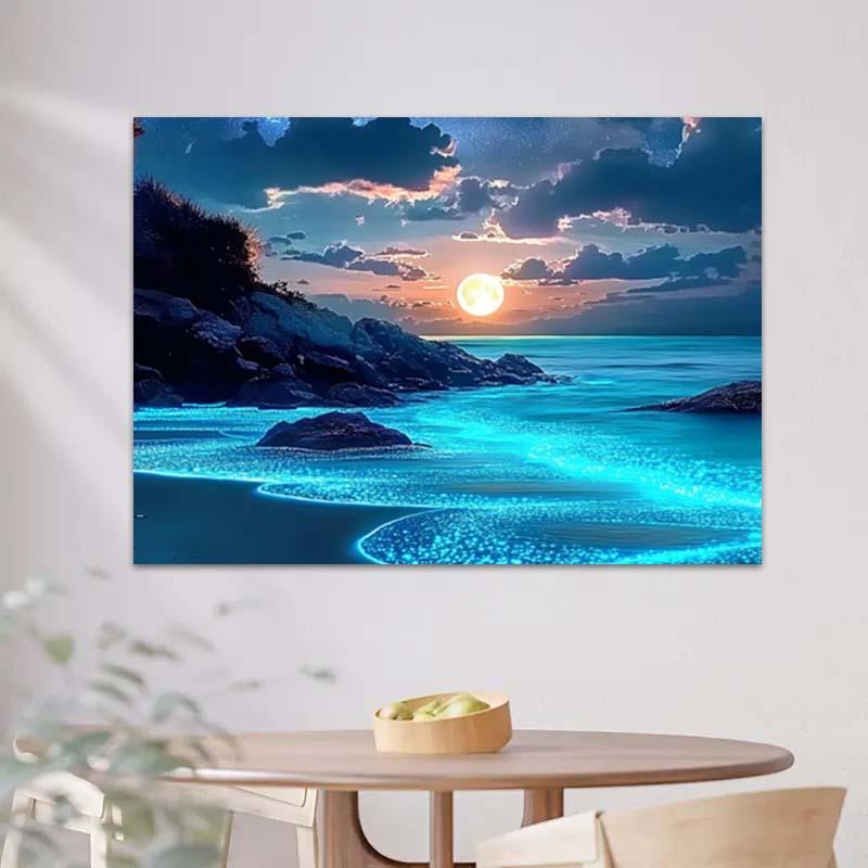 Stunning Blue Ocean and Moon Tapestry - Vibrant Polyester Wall Hanging with Starry Sky, Rocky Shoreline, and Glowing Shoreline