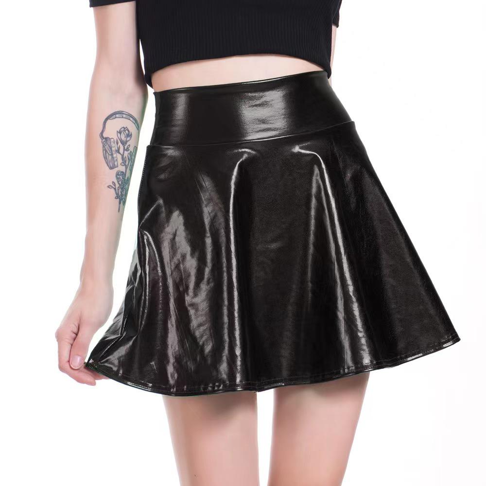 European & American Nightclub Shiny Pleated Patent Leather Midi Skirt - Women's Sexy Performance Costume