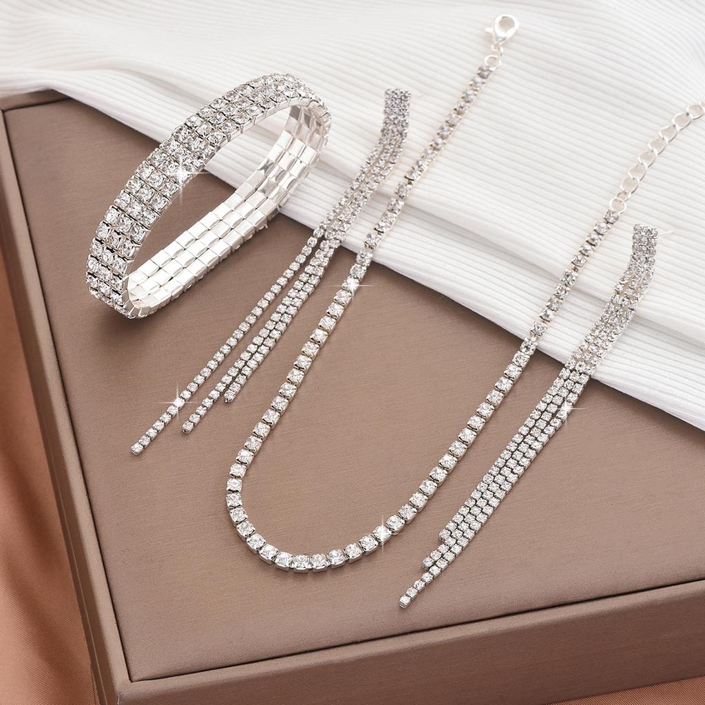 Fashionably Simple Diamond-studded Ring, Bracelet, Earrings And Necklace Set For Women. Bridal Jewelry Set.
