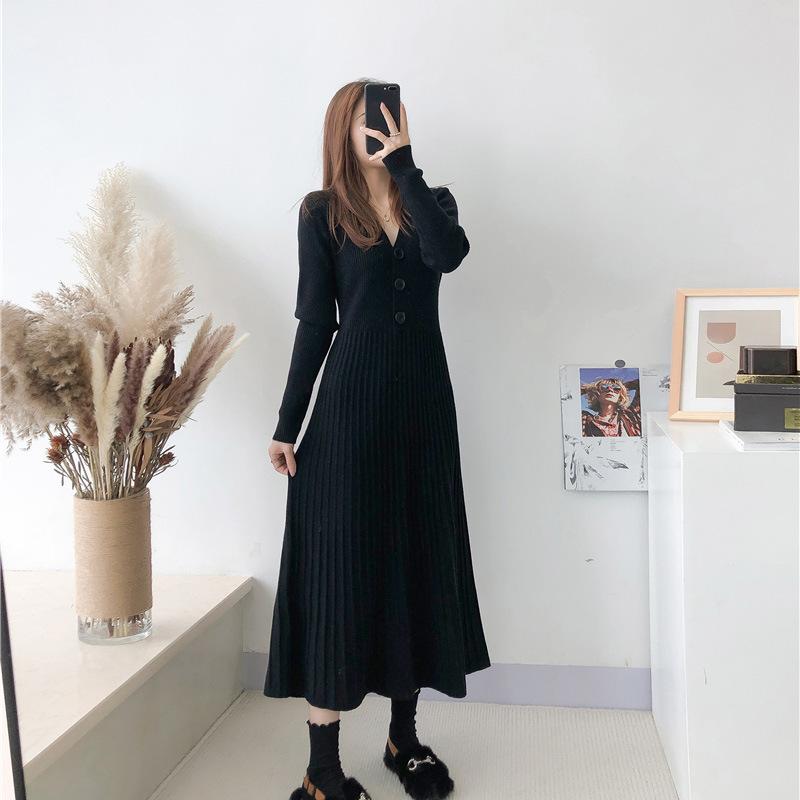 Knitted Dress for Women In Spring Solid Color Casual A-line Long Dress Long-sleeved Casual V-neck Sweater Dress