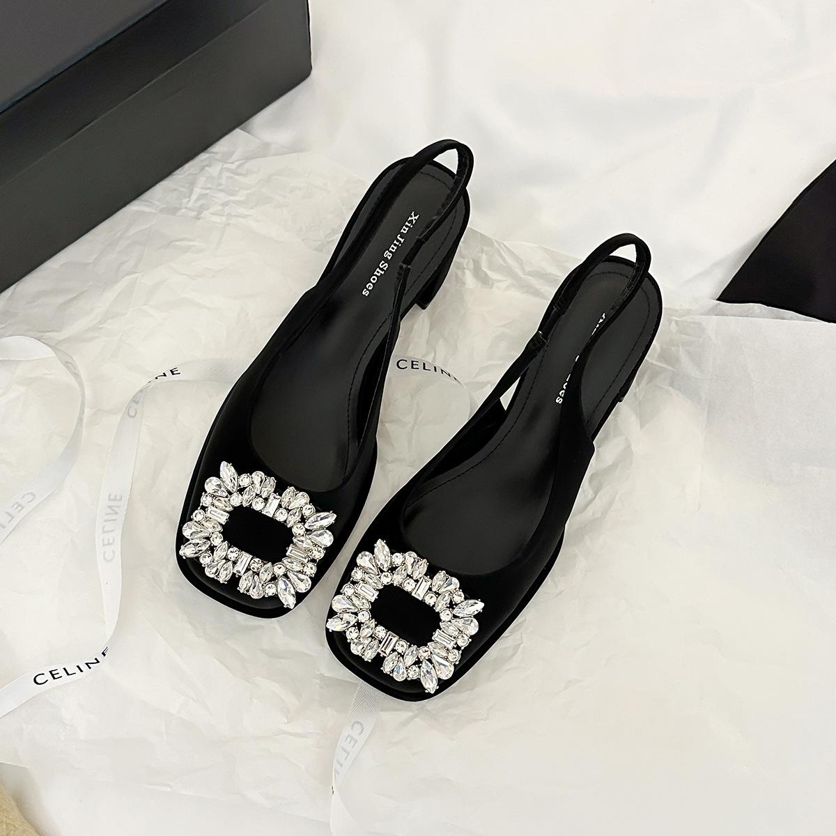 

E9-2 thick heel bag head single shoes rear empty shallow mouth women s shoes spring and autumn new high-end rhinestone middle heel single shoes wom 35 чёрный