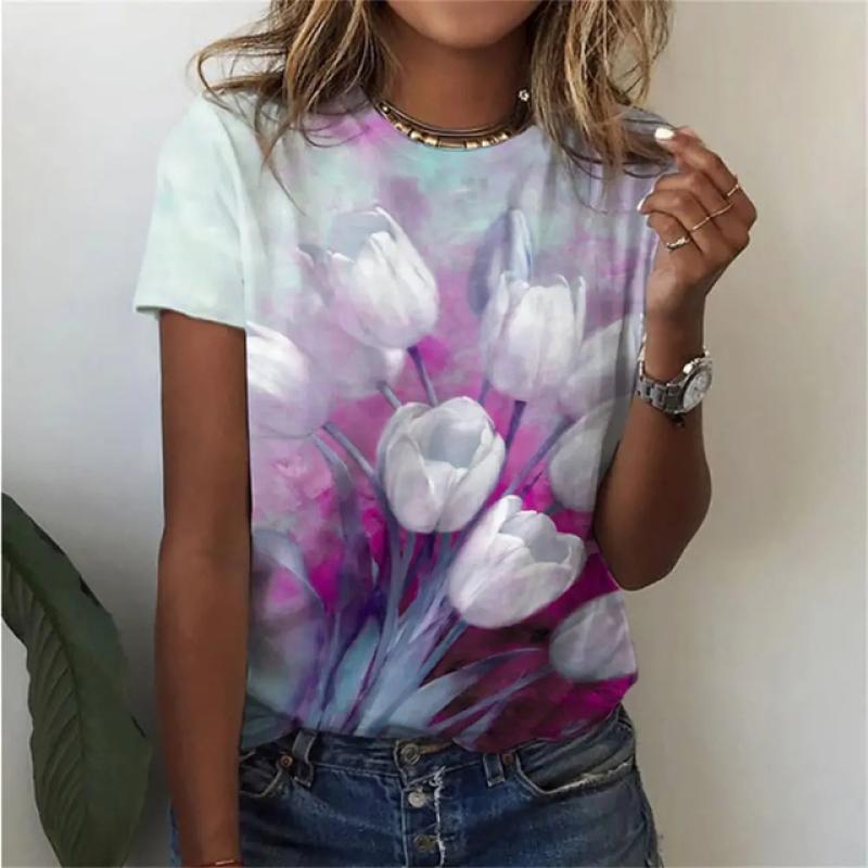 Sommer Blumenmuster 3D-Druck T-Shirts Damen Rundhals Kurzarm Lässiges T-Shirt Harajuku Tees Y2k Tops Damenbekleidung