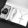 Men's Business Trend 3pcs/set Three-eye Single Calendar Steel Belt Watch + Bracelet + Cross Bracelet Set