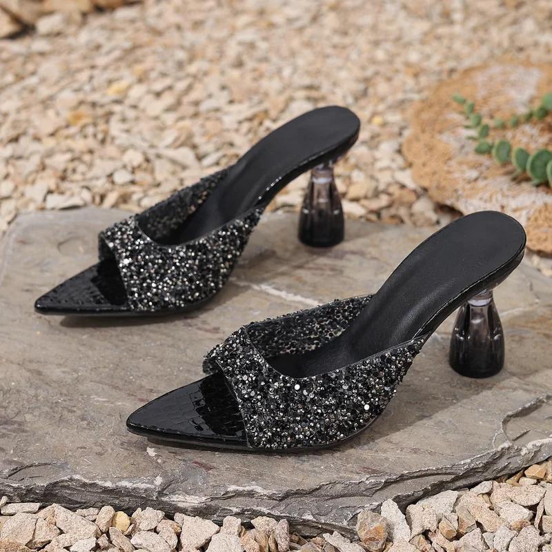 Fashion Fashion Banquet High-heeled Pointed Toe Slippers 2025 Summer Pointy Open Toe Sequin Set Foot Non-slip Transparent Heel Sandals