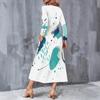Women Plus Size V Neck Long Sleeve White Blue Printed A Line Midi Dress With Pockets