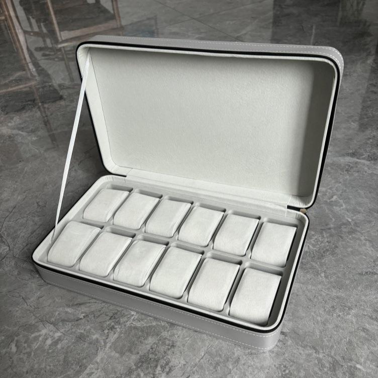 Portable Black and Blue-Gray Leather Zipper Watch Box with 6, 10, or 12 Slots - Flip-Top Jewelry Storage