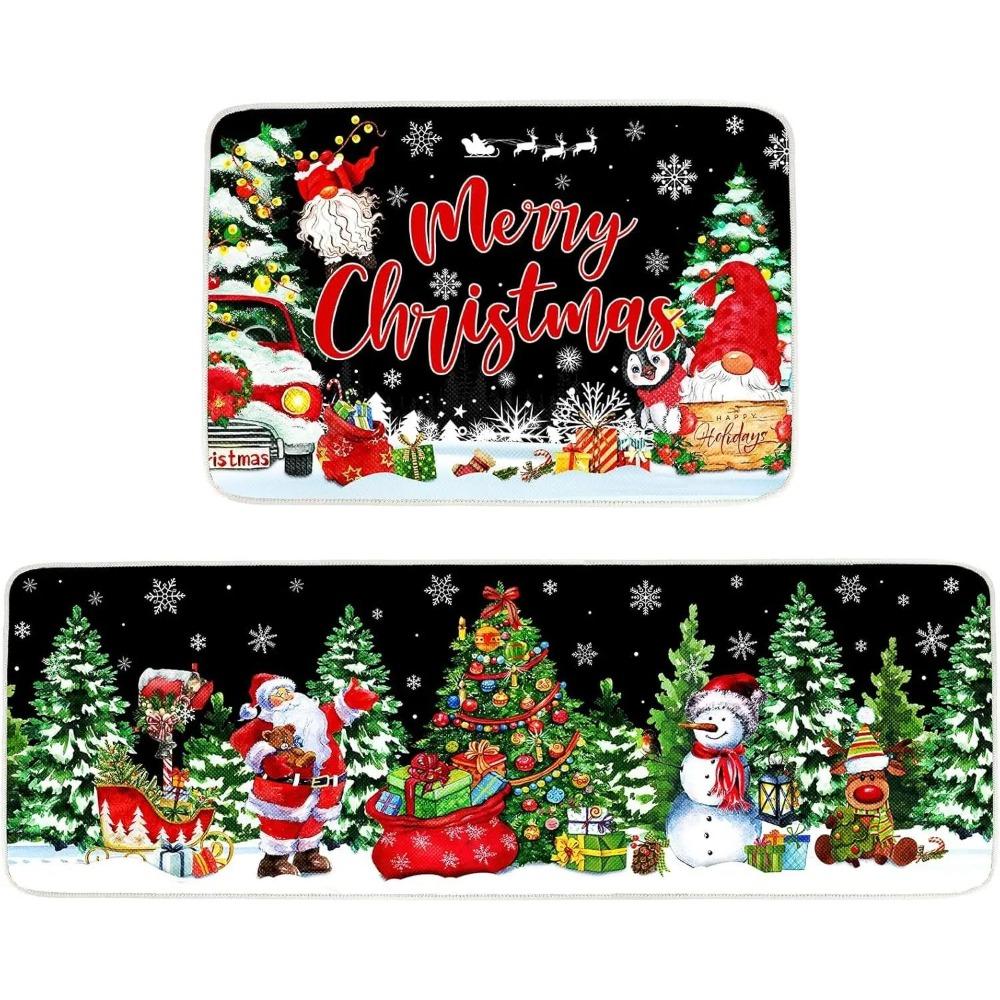 2PC Christmas Crystal Pile Home Decorative Carpet Kitchen Entryway Bathroom Non-Slip Machine Washable Carpet