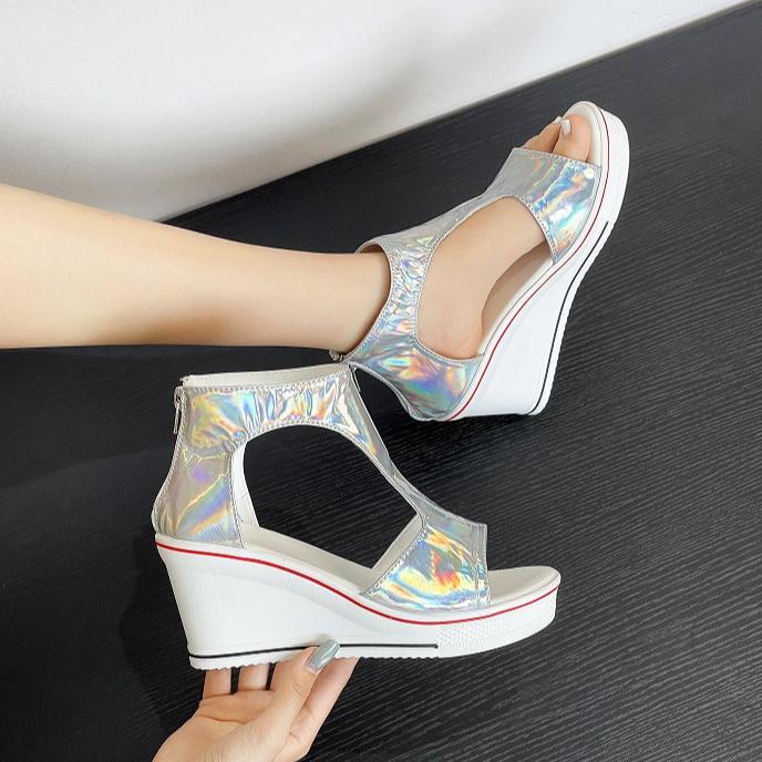 Sequined Sandals PU High Top Shoes Women s 8cm High Fish Mouth Sandals Wedge Heel Open Toe Hollow Large Size Women s Shoes 35
