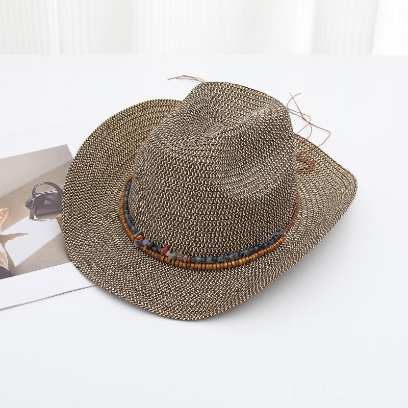 Straw Cowboy Hat with Turquoise Beaded Band Lightweight Breathable Western Sun Hat for Outdoor Beach Rodeo UPF Sun Protection