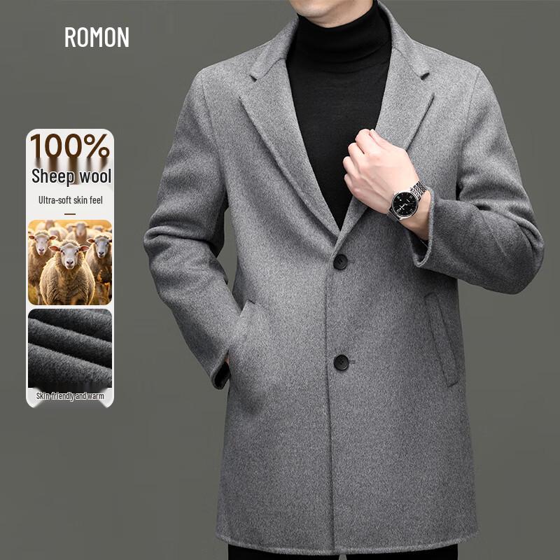 Romon Men's 100% Wool Mid-Length Suit Collar Coat