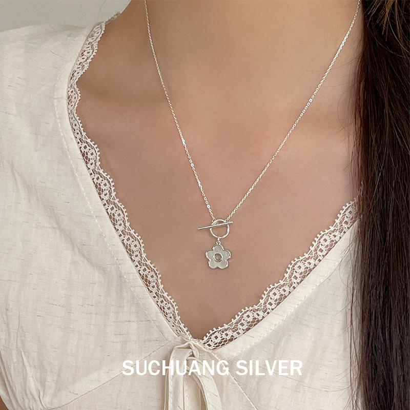 S925 Sterling Silver Plum Blossom Necklace with Mother-of-Pearl Clasp – Sweet Flower Style