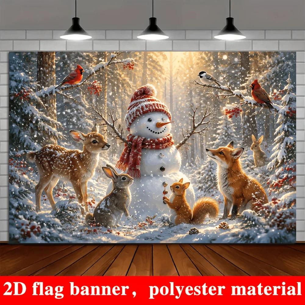 One 2D flag Christmas winter-themed banner background featuring snow-covered forest snowmen and various animalsZL