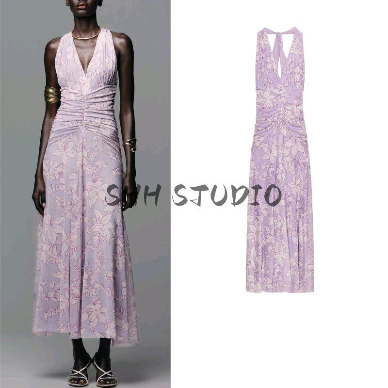 Summer New Product Women's Clothes French Style Casual Sleeveless Printed Silk Net Hanging Collar Long Dress 5039144