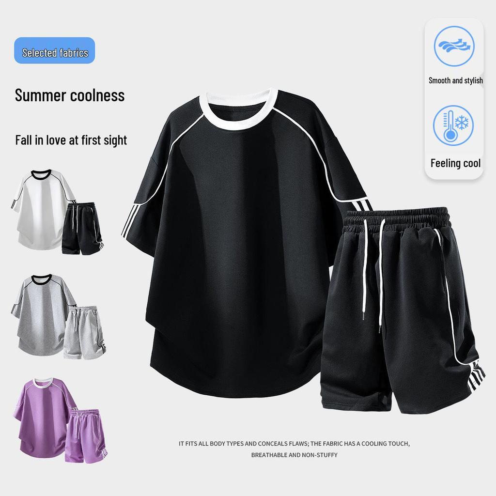 Ice-Cool Cotton Men's Two-Piece Set: Short-Sleeve T-Shirt & Five-Point Pants, Summer 2026 New Style, Casual Sportswear for Students