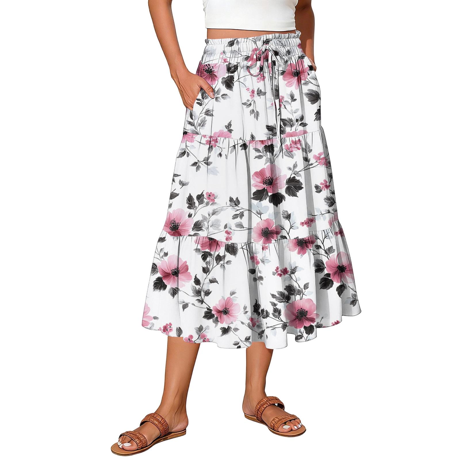 

Жіноча максі-спідниця на кулісці з високою посадкою, літня довга спідниця, легка ярусна спідниця, що струмує, з квітковим принтом, плісирована спідниця M