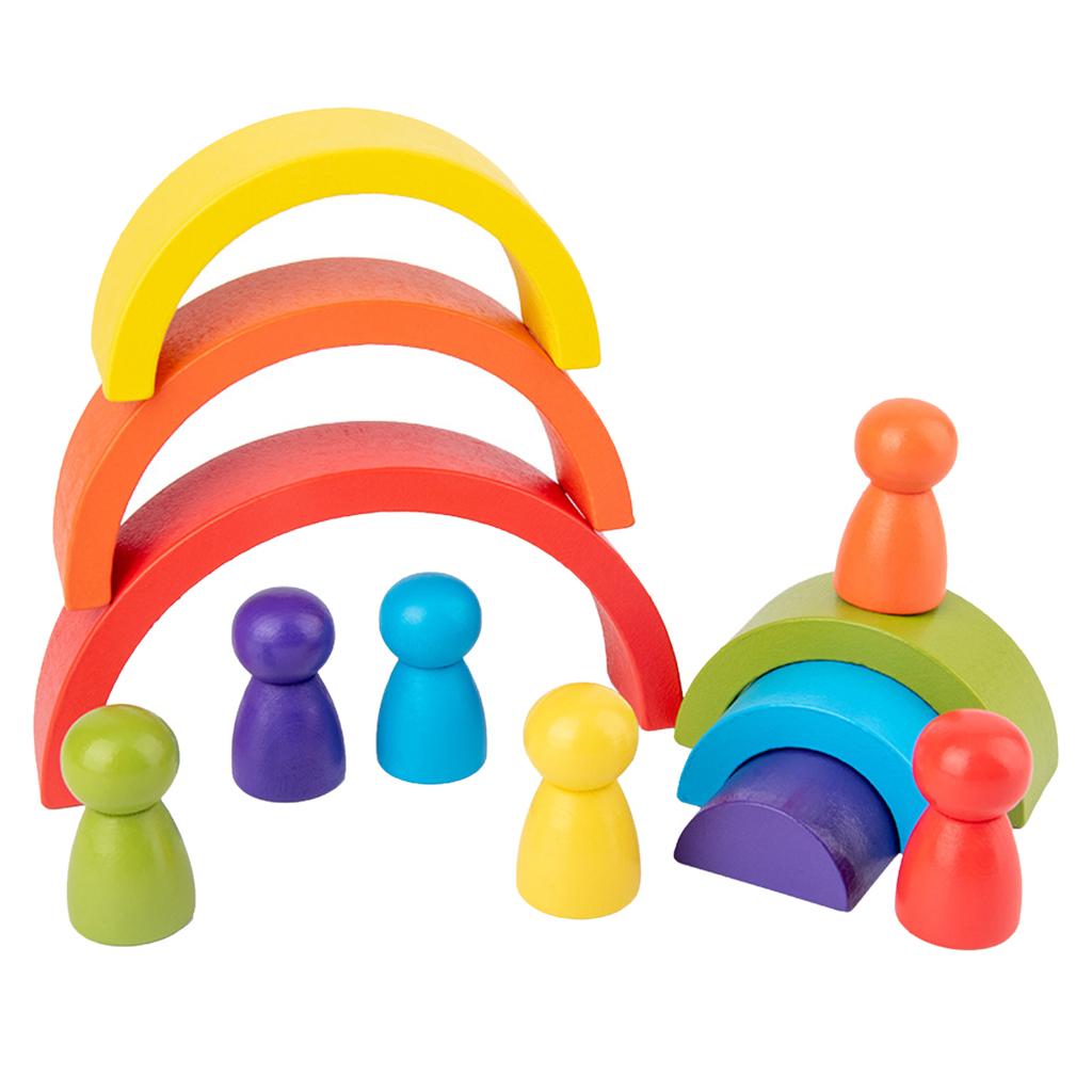 12Pcs Wooden Rainbow Stacking Blocks Fun Building Nesting Toys For Kids Boys