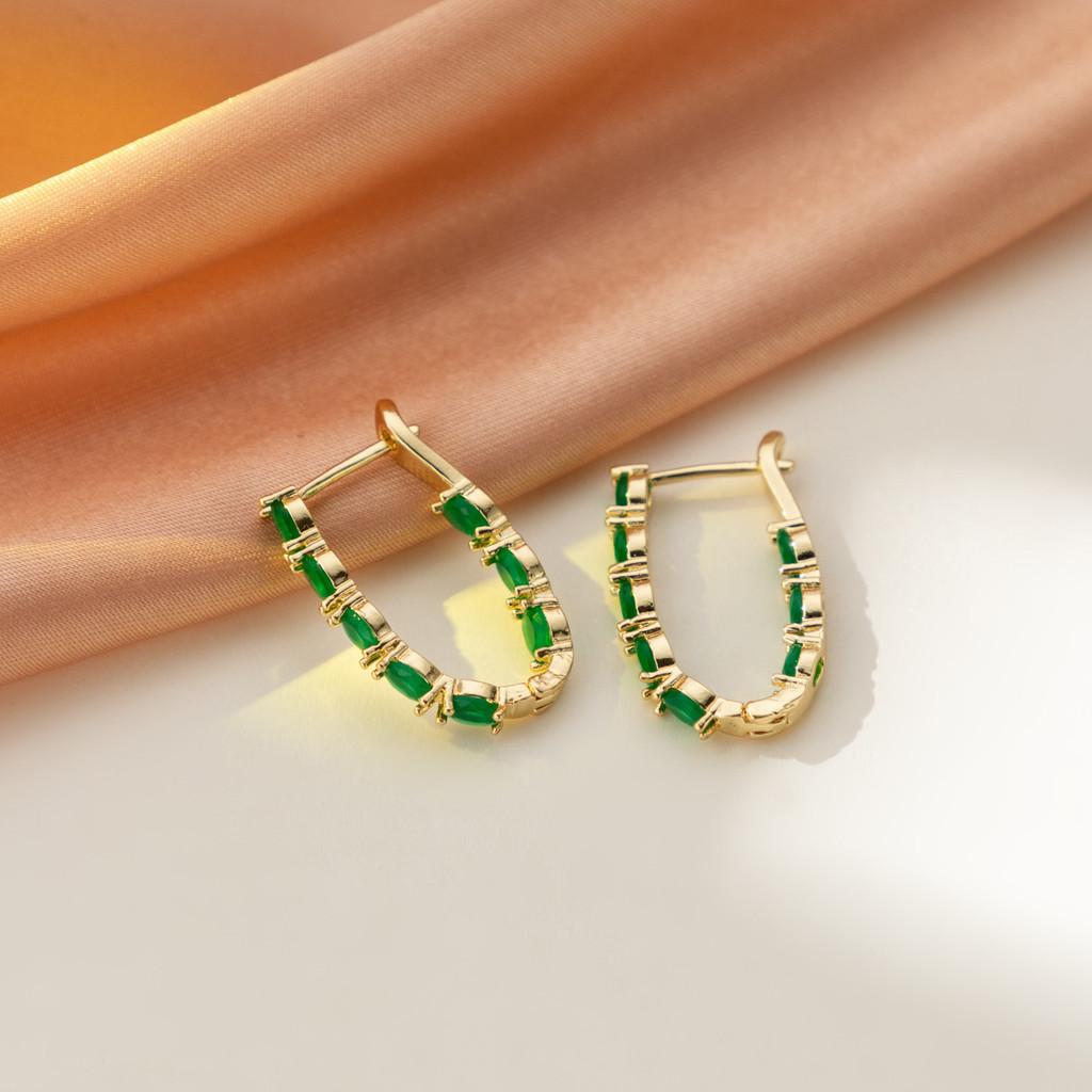 Artistic Retro Square Green Glass Earrings In Copper Rose Gold Plating For Women