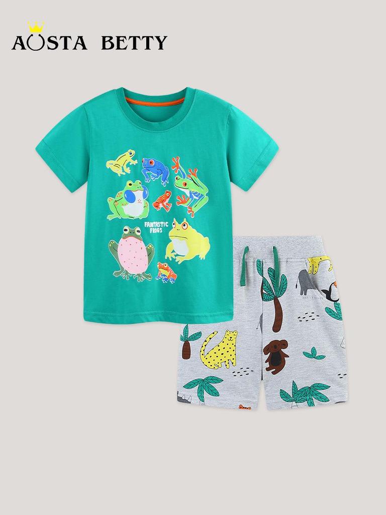 Boys' Summer Short Sleeve Set with Luminous Animal Print, Knit Cotton Sportswear