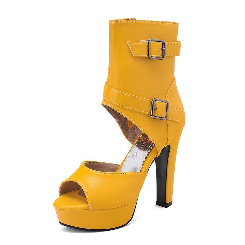 Red Female Sandals Peep Toe 12cm Chunky Heel 3.5cm Platform Side Zipper Belt Buckle Sexy Dating Shoes Big Size 49 50