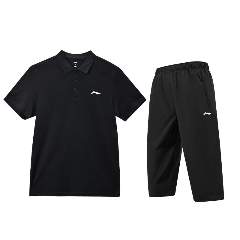 

Li-Ning Solid Color Breathable Straight Leg Short Sleeve Polo Shirt Loose Mid Waist Seven Point Pants Casual Sports Suit YPLU073-2+YKQU025-1 L