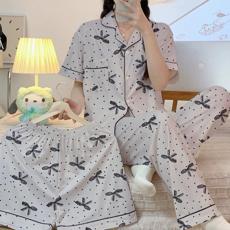 

Премиальная серая пижама в горошек с бантом, женский повседневный летний комплект из трех предметов с коротким рукавом, домашняя одежда M