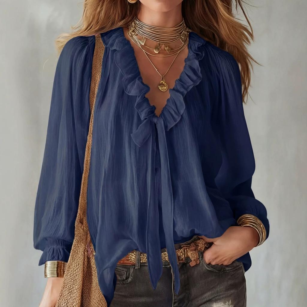 European and American women's clothing spring and summer new women's fashion V-neck loose shirt ruffle edge top