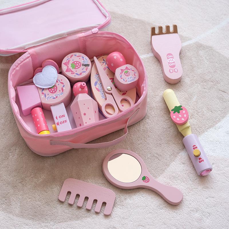 Pink Wooden Princess Makeup Bag Toy Set for Girls