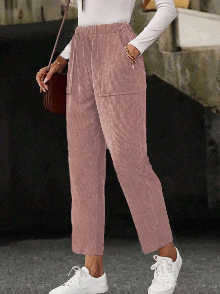 New Fall Women's Clothing Solid Elastic Waist Corduroy Pants Women Straight Leg Casual