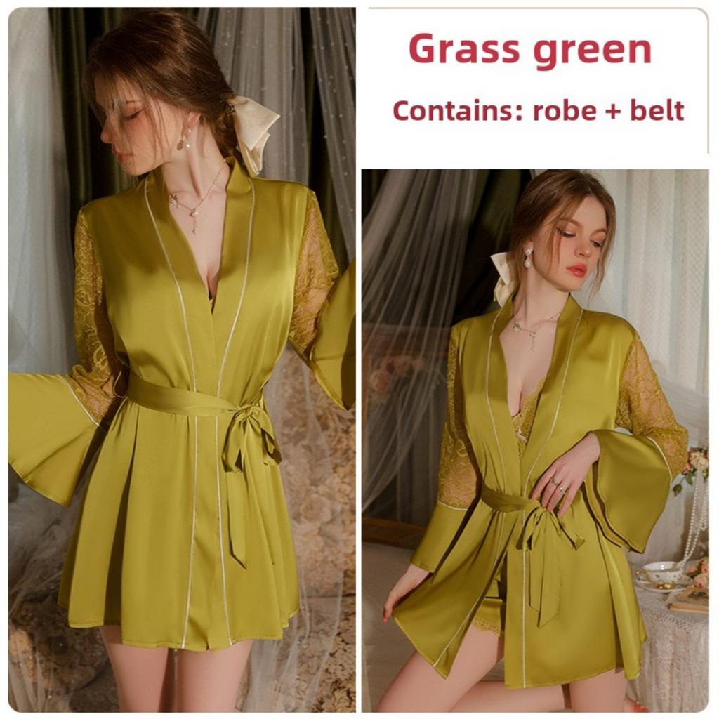 Satin Chest Pad Suspender Nightdress Sexy Deep V Lace-up Nightgown Loungewear Set