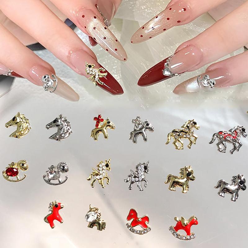 10Pcs 2026 New Year Horse Alloy Nail Art Jewelry Rhinestone Glitter Flatback Nail Decoration Diy 3D Of The Horse Ornaments Charm