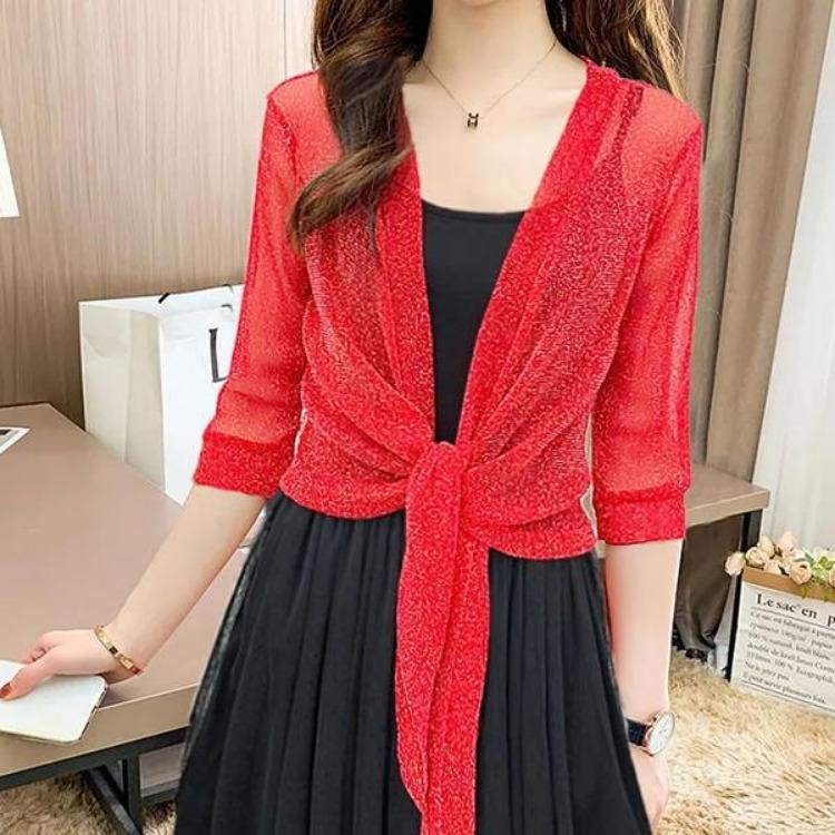 Summer Women's Loose Fit Breathable Thin Cardigan Half Sleeve Shawl Casual Bright Lace Sun Protection Clothing Silk