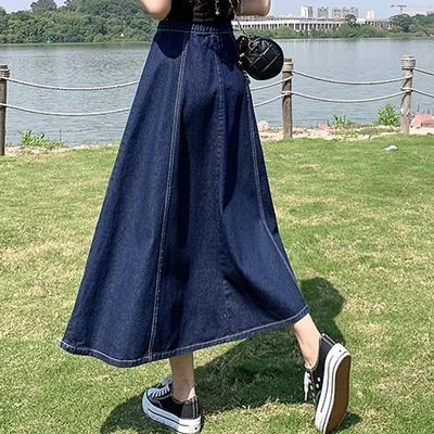 Kadın Uzun Denim A-Çizgi Pileli Etek Yazlık Midi Boy, Yüksek Bel, Günlük ve Çok Yönlü