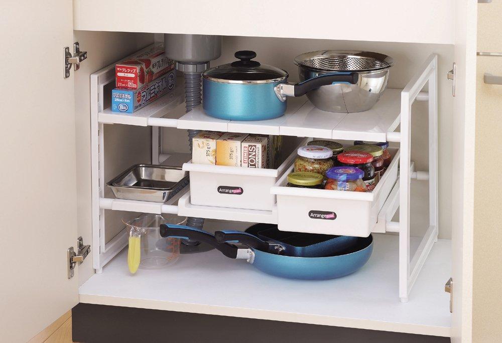 Pearl Metal Arrange Free Under-Sink Space Rack, 2-Tier, Expandable with Storage, H-5809, White