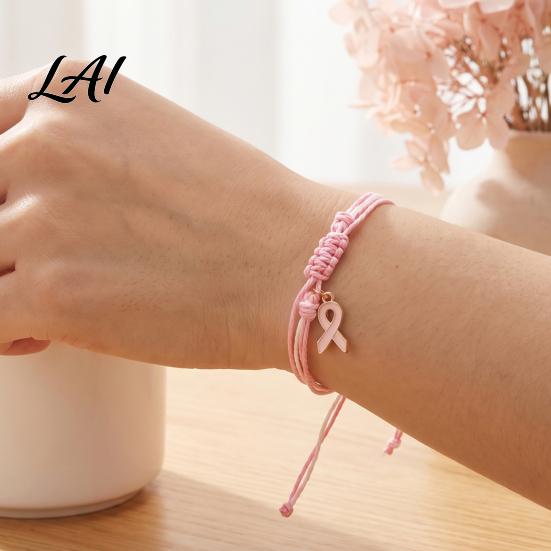 Handwoven Rope Wristband Breast Cancer Awareness Bracelet for Women Adjustable Woven String with Commemorative Charity Event Accessories Ribbon