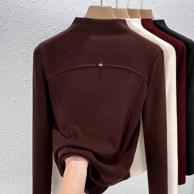 

Женская осенне-зимняя базовая футболка из бархата тенсел с полувысоким воротом и бархатной изнанкой, высококачественный верх из бархата «рыбья кость» для ношения поверх другой одежды XXXL кофейный
