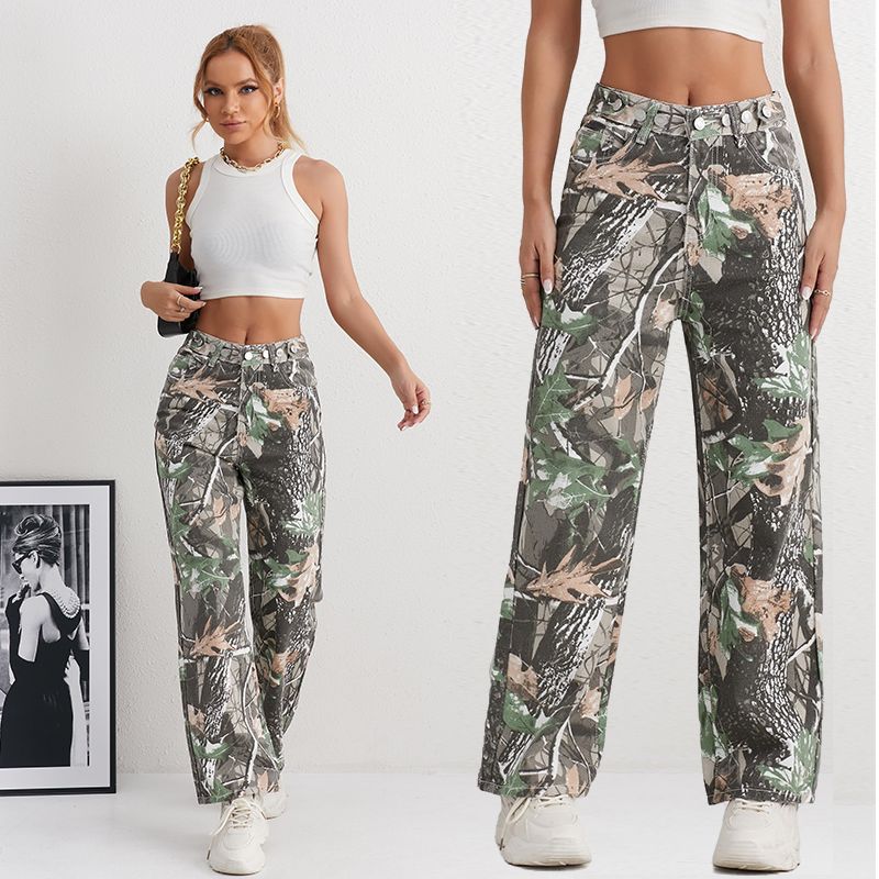 Puffanpop Women's Jeans Camouflage Cargo Pants Straight Wide Leg Jeans High Waisted Casual Jeans