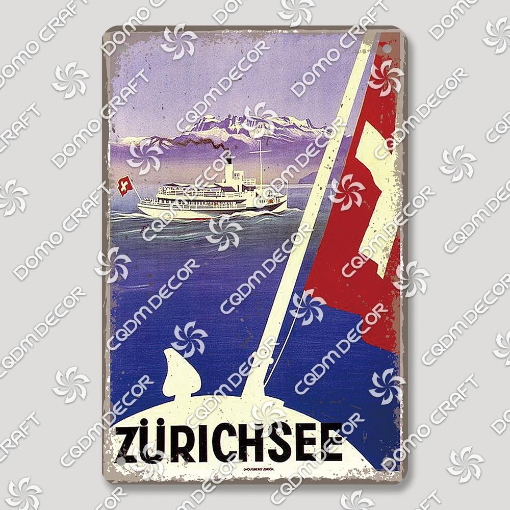 Suisse Plaque Scénique Panneau en Étain Affiche Métal Zurich Montreux Rigi Alpes Plaques Métalliques Décor Mural Rétro Café Salon Maison