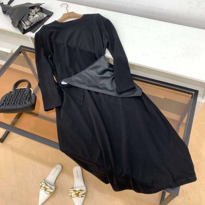 

Комплект из двух частей Платье с длинным рукавом Свободное Повседневное Простое Приталенное Сочетается с Ретро ПУ Пояс-корсет C#25 Black 2 One size