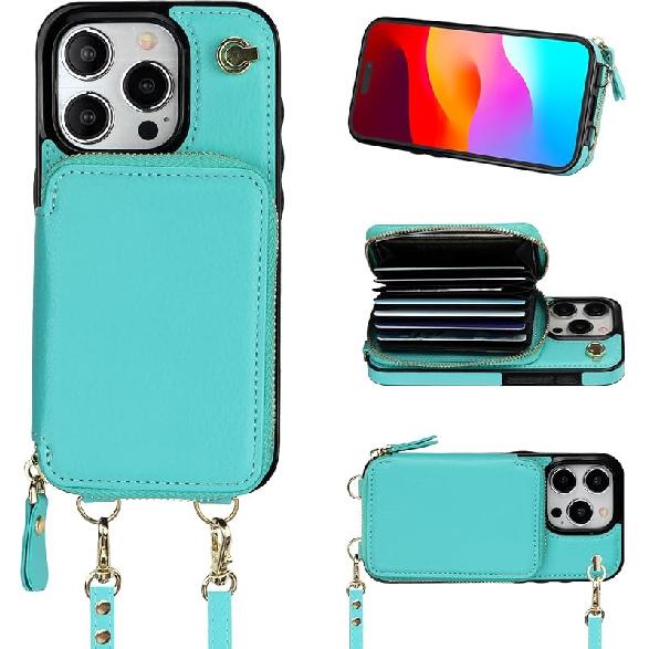 Bocasal Crossbody Wallet Case for iPhone 15 Pro, RFID Blocking Leather Purse Case with Card Holder, Protective Handbag Flip Cover with Zipper Wrist
