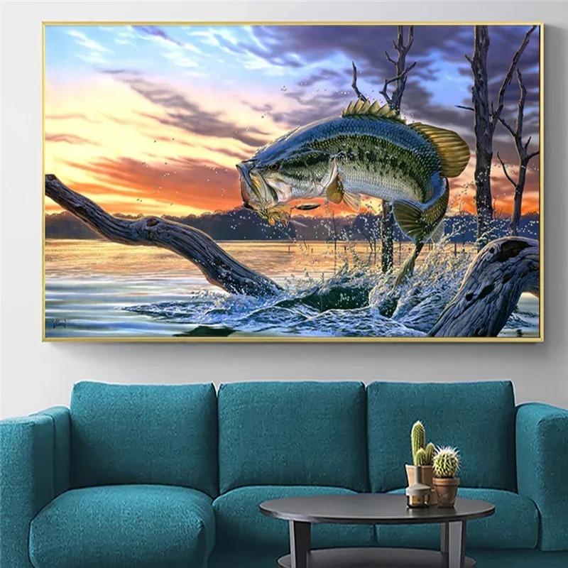 Jumping Largemouth Bass Fish Canvas Oil Painting On Wall Art Poster And Prints Lake Animal Picture Modern Home Decoration